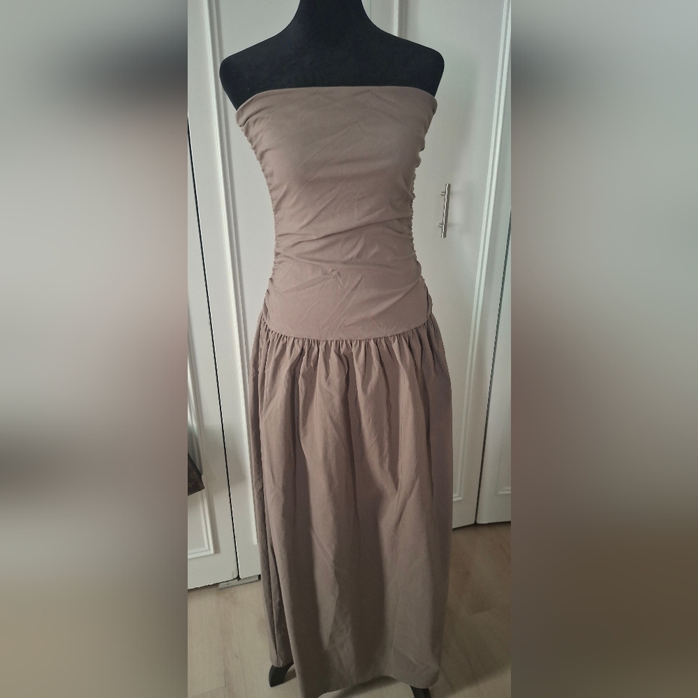PLT Taupe Strapless Maxi Dress